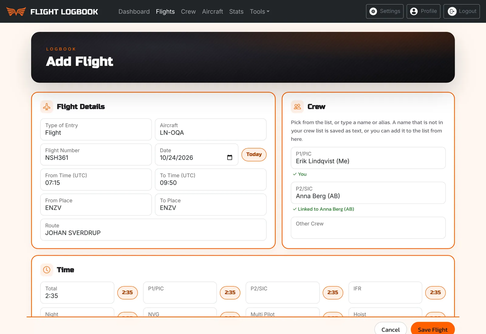 The Add Flight form in Flight Logbook, with aircraft, block times, places and crew filled in
