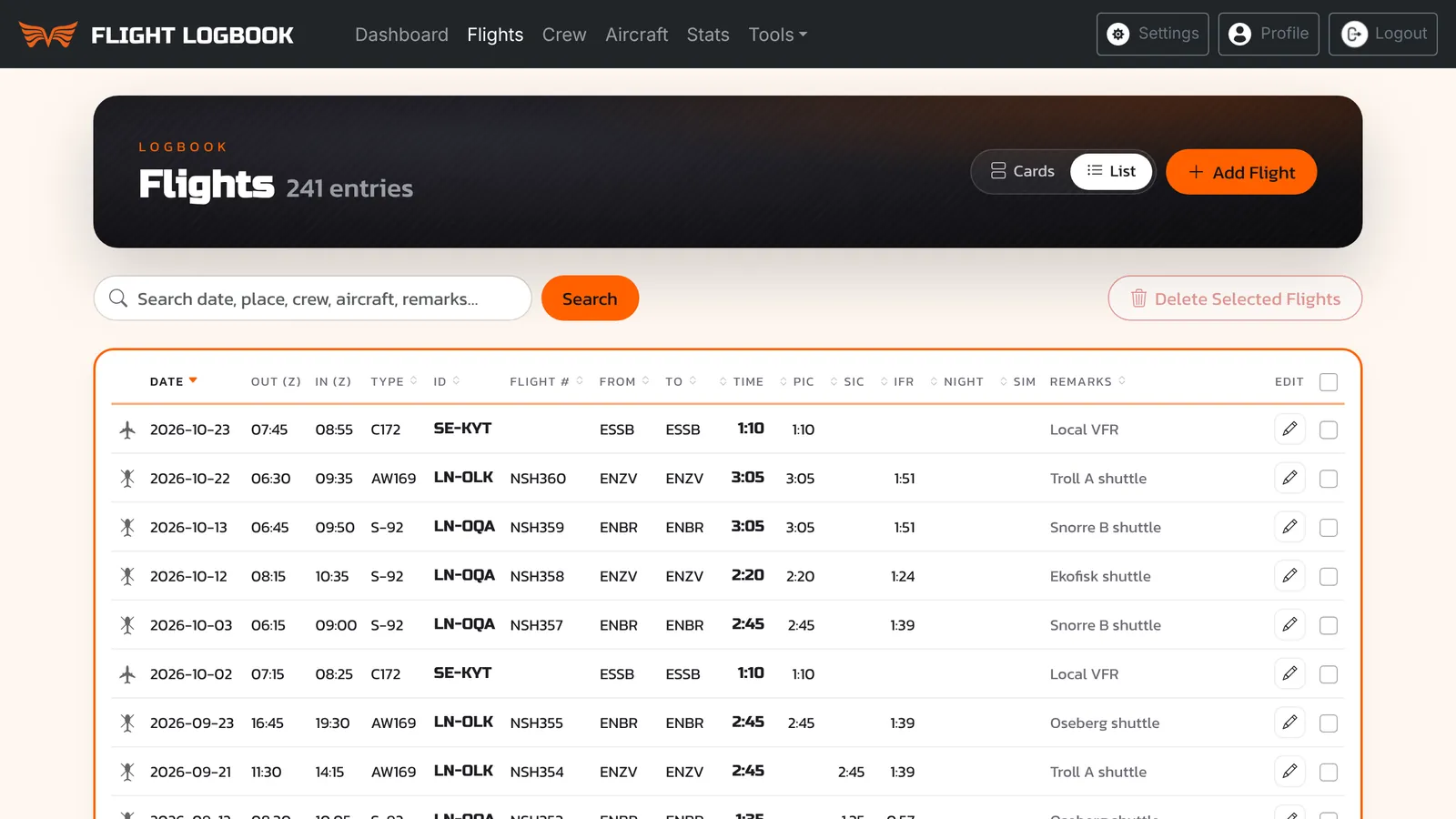The flight list in Flight Logbook, with date, block times, type, registration, route and time per flight