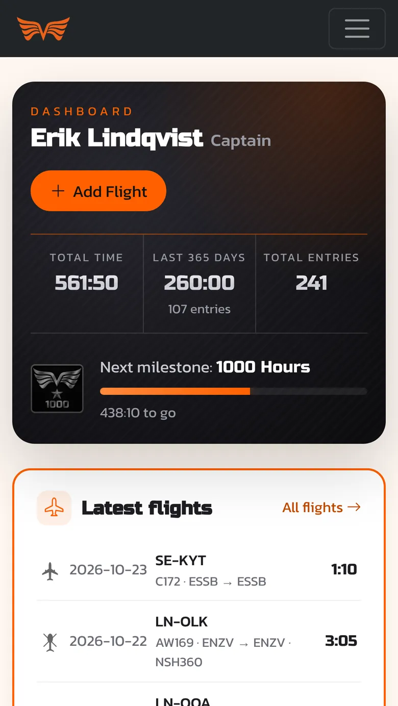The Flight Logbook dashboard on a phone